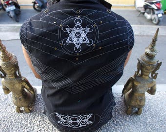 Designer Vest Sacred G./ BLACK LARGE | "Metatron Star Gate vest"| Burning Man/ Futuristic/ SteampunK/ Festival wear/,Embroidey/ Z1y
