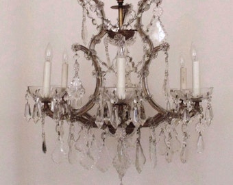 Italian Chandelier Crystal Glass Maria Theresa 6 Light w/ Prisms Fixture Italy Bird Cage Birdcage
