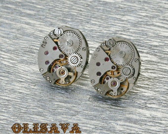 Steampunk Stud Earrings with Vintage Mechanical Watch Movement , Steampunk Earrings , Steampunk Vintage Clockwork Watch Movement Earrings
