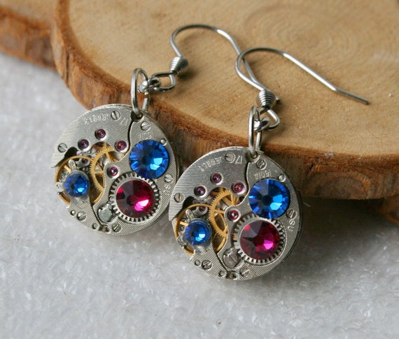 Steampunk Earrings Vintage Mechanical Watch Movement and Swarovski crystals , Clockwork Earrings , Steampunk jewelry by Olisava steampunk buy now online