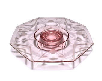 Vintage Pink Glass Cake Stand with Pedestal Base and Etched Flower Design, Octagon Shaped Footed Cake Platter