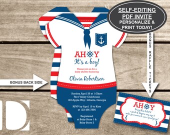 Nautical Baby Shower Invitation, Onesie, Ahoy, It's a Boy, Navy, Sailor, Blue, Red, Anchor, Self-Editing Invite, BONUS Diaper Raffle Tickets
