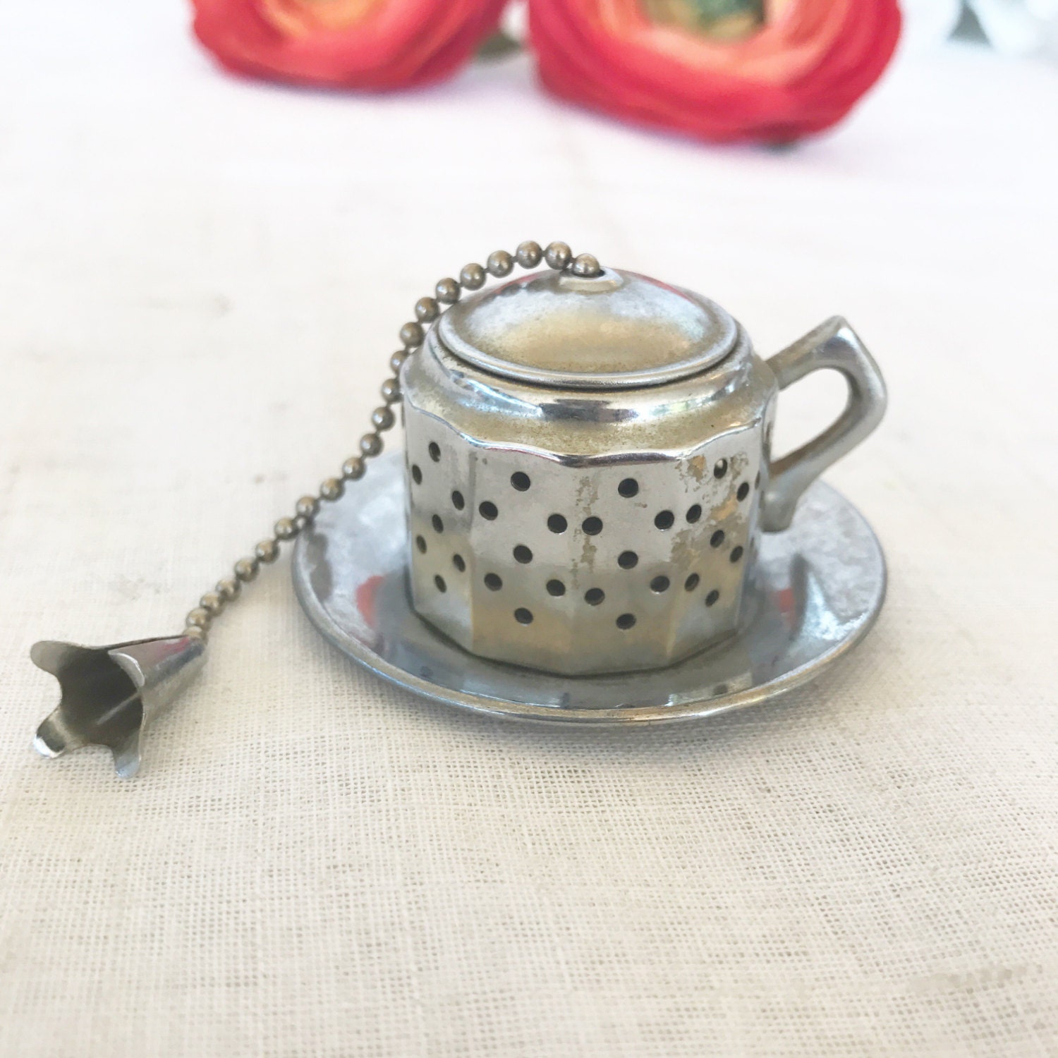 Antique Tea infuser Teapot w/ platter Vintage Tea Strainer