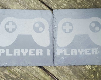 Laser Engraved Natural Slate Coasters with Controller and Player Number ~ Geeky ~ Wedding Gift ~