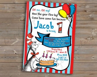 Dr. Seuss, Cat in The Hat Birthday Invitation and Thank You Card, printable, customizable, Digital File or Printed Options