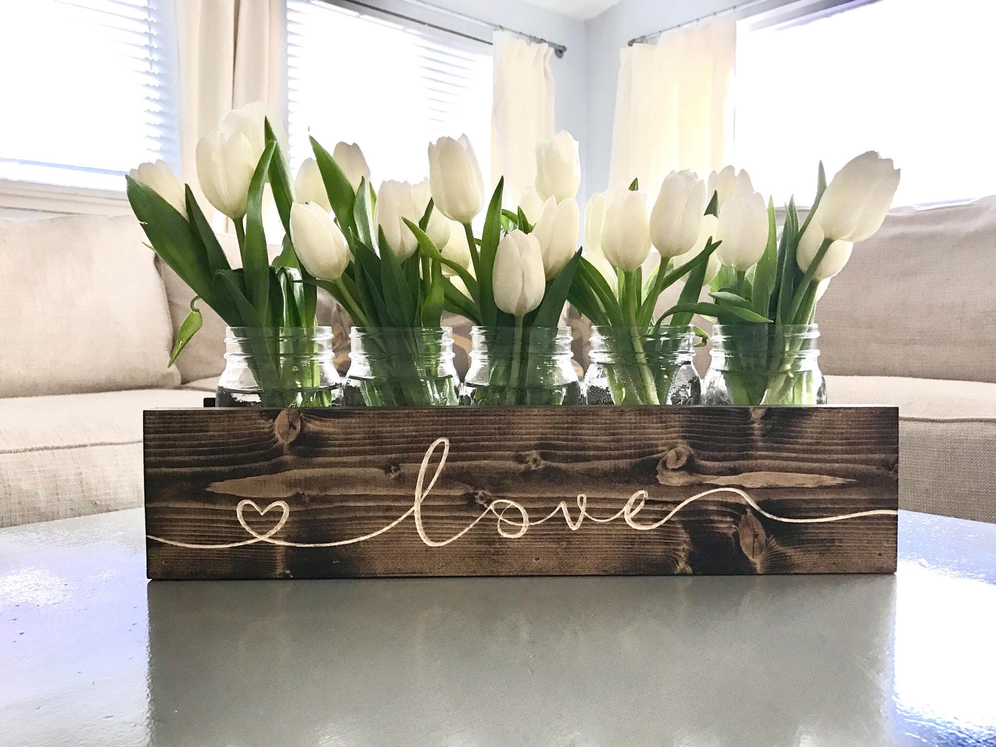 Engraved Mason Jar Centerpiece Wood Planter Box