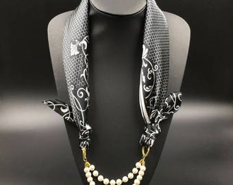 Necklace Scarf, black and white scarf with pearl, Scarf with Pendant,Scarf Jewelry, black scarf with pearl, pearl and scarf