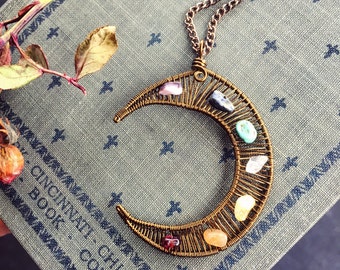 Chakra Stone Crescent Moon Wire Wrap Made to Order Necklace Solar Simulation