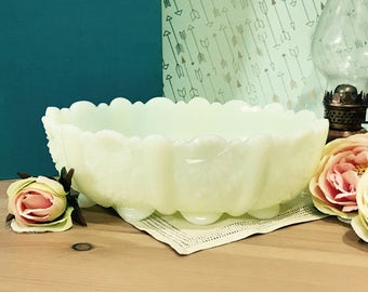 Vintage Fenton Custard Satin Milk Glass Bowl Daisy and Buttons Pattern Scalloped Edge