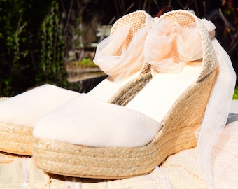 SWAN Tulle Wedge Platform Lace Up Espadrilles Ivory Wedding Bridal shoes