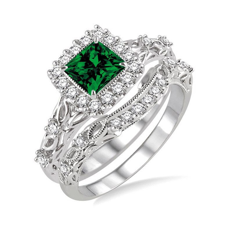 1.50 Carat Princess cut Emerald and Diamond Halo Bridal Set in