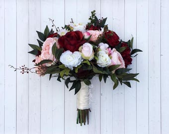 Boho Bouquet, Burgundy and Blush Bouquet, Wildflower Bouquet, Bridal Bouquet, Wedding Bouquet, Silk Bouquet