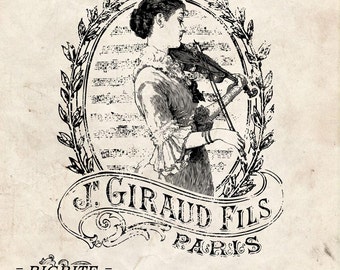 Water Slide Furniture Decal French PRINT TRANSFER of VINTAGE Girl with violin Label graphic #011