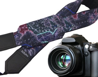 Black World Map Camera Strap. DSLR/SLR Camera Strap with pocket. Camera accessories. Great gift for photographer.