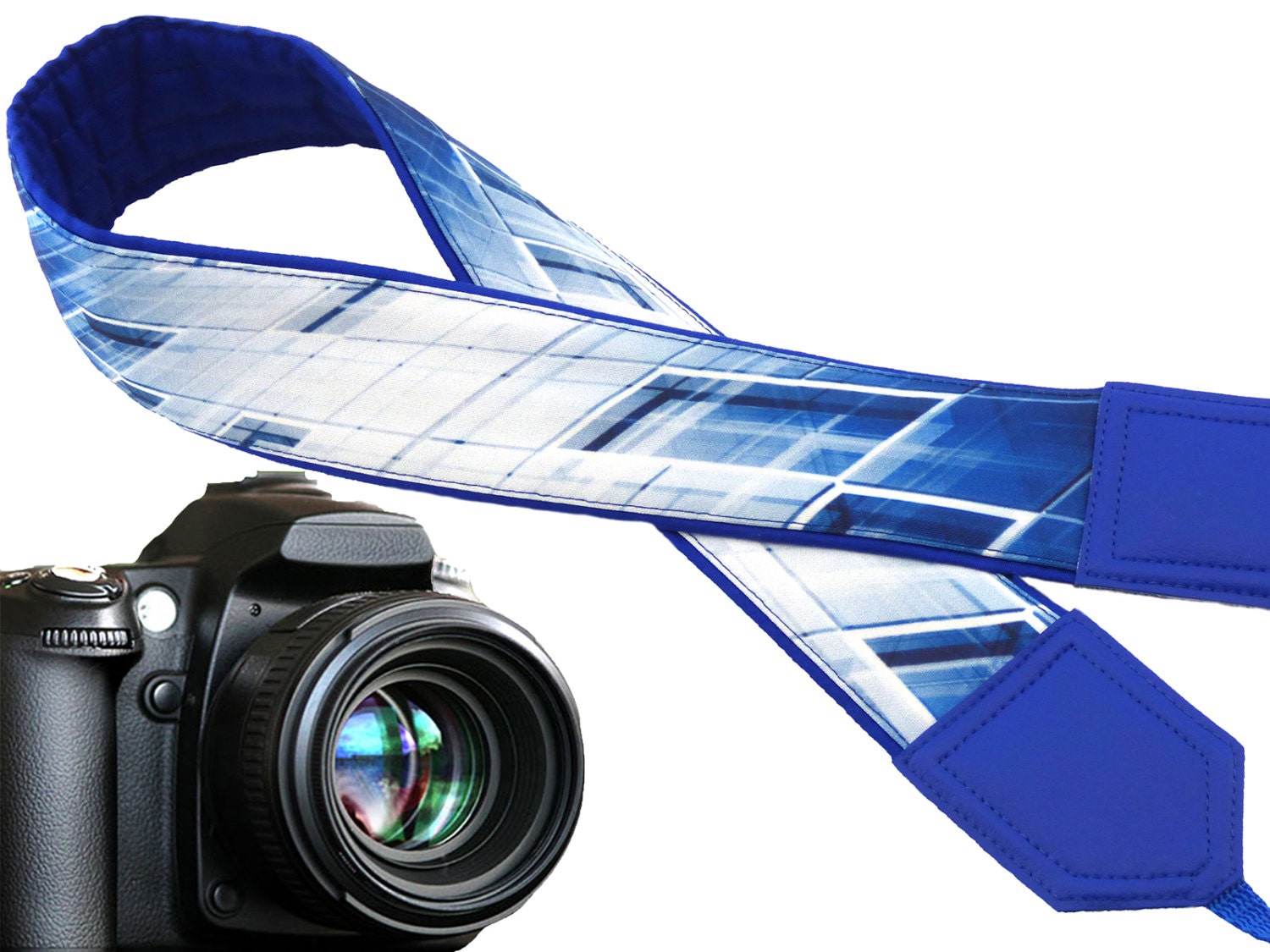 Unique design camera strap. Abstract camera strap. Flash. Blue