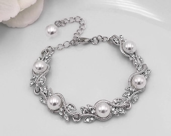 Bridal bracelet, Pearl wedding bracelet, rhinestone pearl bracelet, crystal ivory white pearl bracelet, bridal jewelry, wedding 498923744