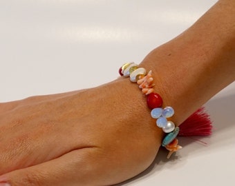 Pearl, coral, opalite & turquoise with pink tassle bracelet