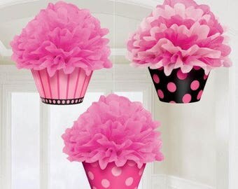 Set Of 3 Fabulous Pink Cupcake Fluffy Tissue Hanging Decorations! - Hanging Tissue Balls - Party Back Drop - Yummy Yummy Party Decor
