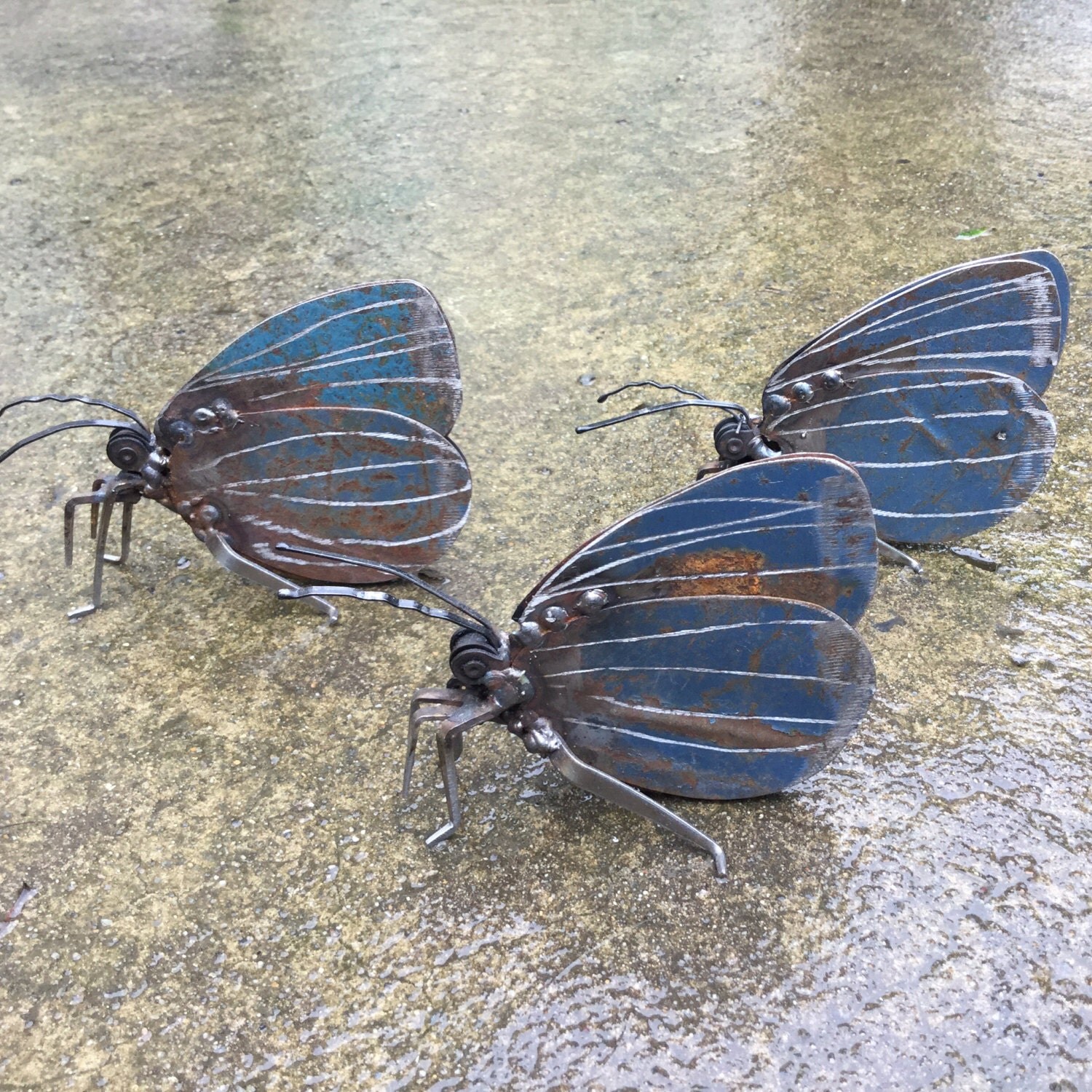 3 Holly Blue Butterfly Scrap Metal Sculpture Unique