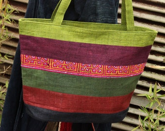 Handmade Hemp Hill Tribe Tote Bag Natural Dye Shoulder Bag Tribal Hmong Embroidered Organic
