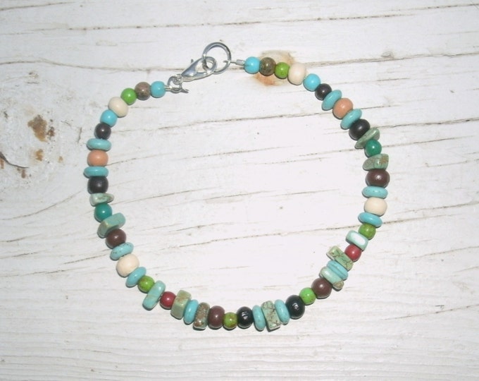 Beaded Bracelet, handmade bracelet, boho, gypsy, multicolored beads, affordable, stackable bracelets, turquoise, jasper, wood, claw clasp