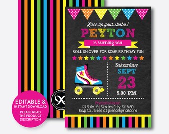 Instant Download, Editable Roller Skating Birthday Invitation, Roller Skating Invitation, Roller Skate Invitation, Chalkboard (CKB.348)