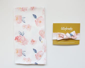 Floral Swaddle Blanket / Coral Navy Floral Swaddle Blanket/ Swaddle Blanket / Receiving Blanket / Baby Girl Gift / Watercolor Floral Swaddle