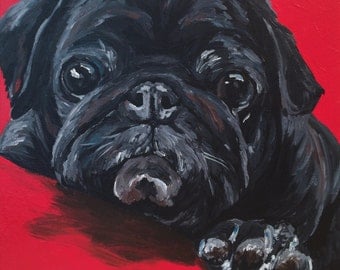 Black Pug dog art print from original painting, Pug art print