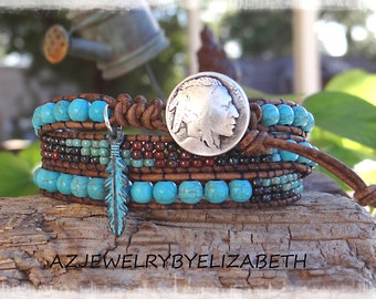 Turquoise Leather Wrap Bracelet/ Triple Wrap Bracelet Southwestern Style With Turquoise Feather And Seed Beads/ Native American Leather Wrap
