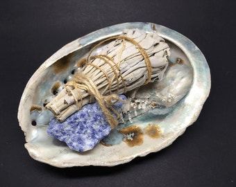 Smudge Kit Abalone shell, Blue Quartz & White Sage WSHABLUE03