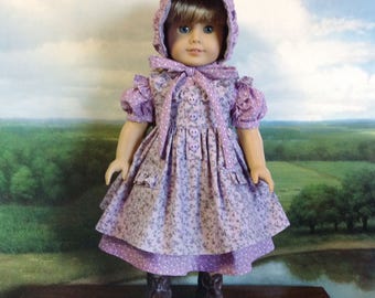 American Girl Purple and Lavender Prairie Dress Pinafore and Bonnet