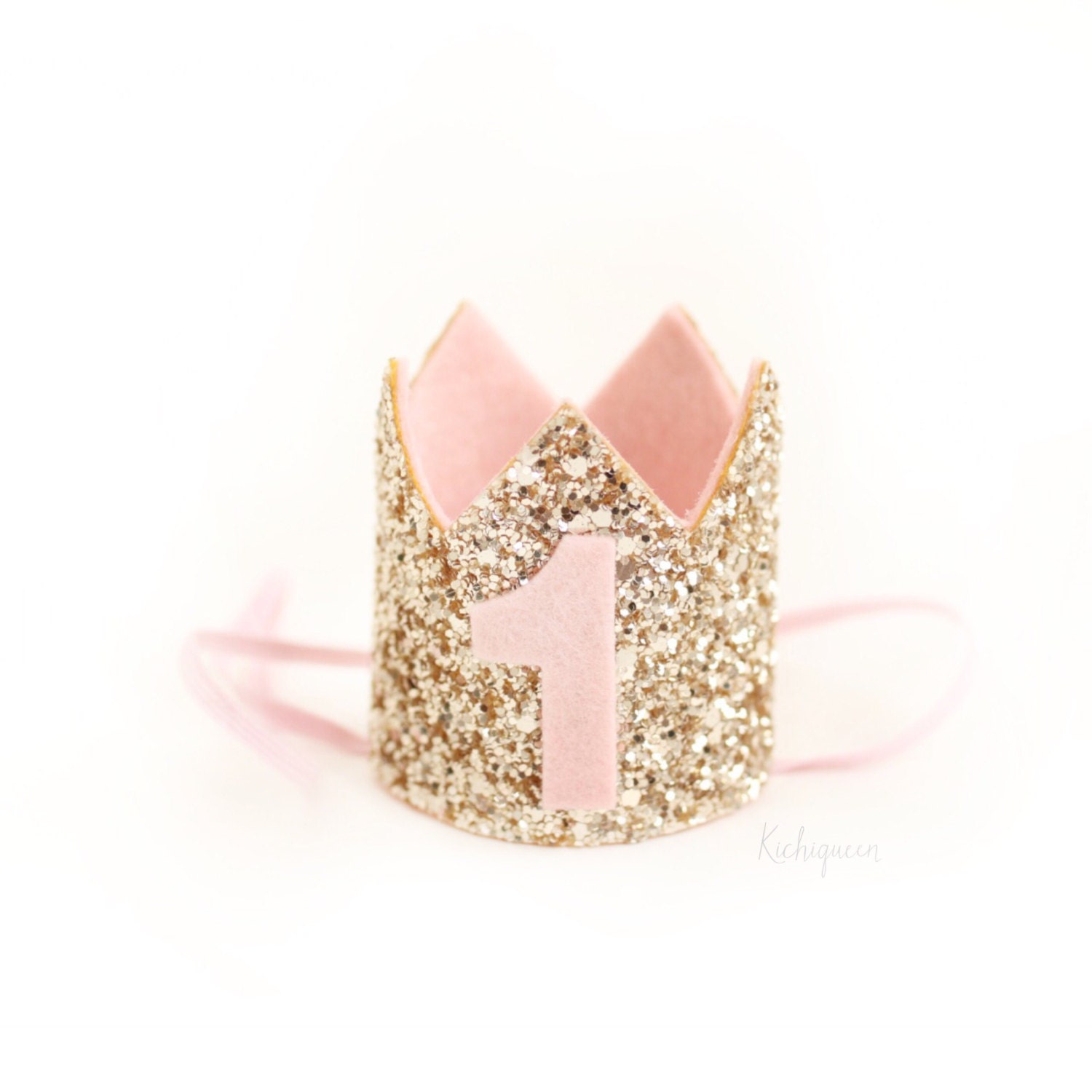 Miniature 1st birthday crown headband blush and gold baby