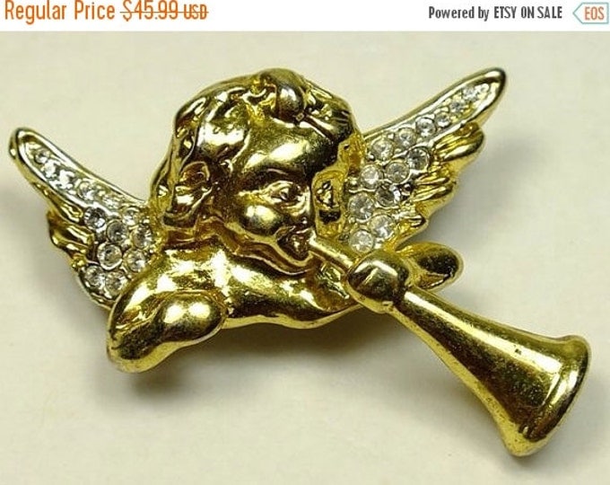 Storewide 25% Off SALE Vintage Gold Tone Trumpeting Angel Designer Cocktail Brooch Featuring Clear Pave Set Rhinestone Accents