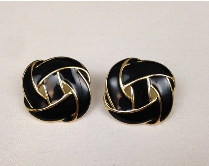 Storewide 25% Off SALE Vintage Gold Tone Black Enamel Knotted Designer Pierced Earrings Featuring Interconnected Design