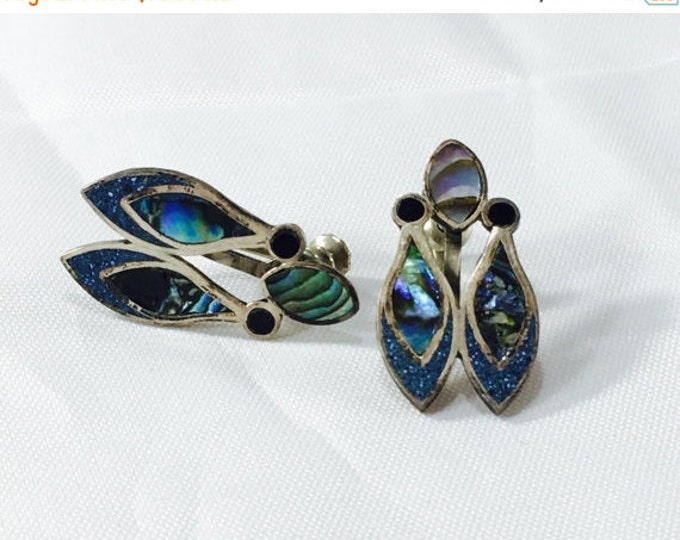 Storewide 25% Off SALE Vintage Sterling Silver Alpaca Abalone Inlaid French Post Earrings Featuring Electric Blue Colored Design