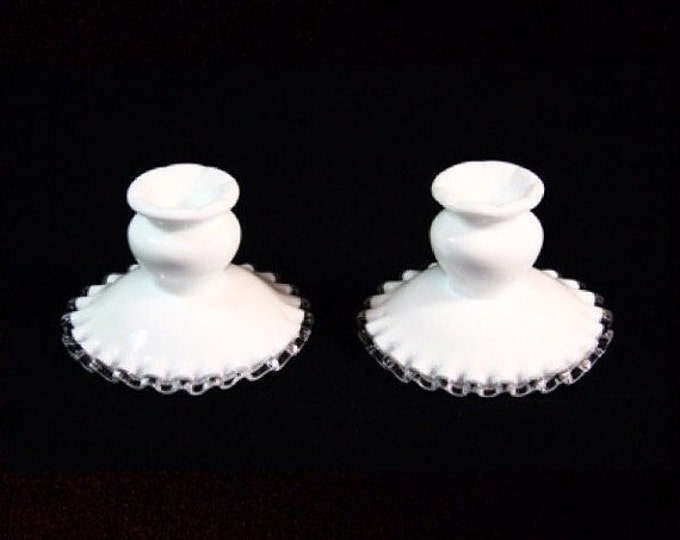 Storewide 25% Off SALE Vintage Fenton Silver Crested White Milk Glass Candle Holder Set Featuring Clear Ruffled Design