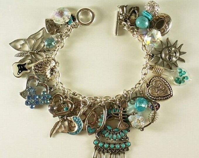 Storewide 25% Off SALE Vintage Southwestern Turquoise Accented Silver Tone Collectable Charm Bracelet Featuring Twenty Five Assorted Eclecti