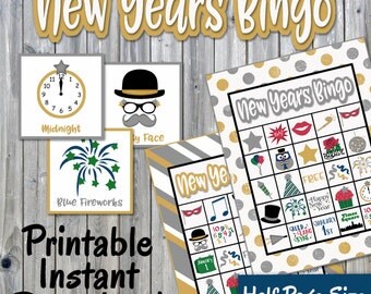 New Years Bingo Printable Game - 30 different Cards - New Years Eve Memory Game - Party Game Printable - INSTANT DOWNLOAD