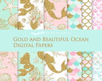 Gold and Beautiful Ocean / Mermaid Digital Paper Pack - Instant Download - DP149