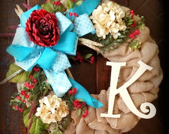 Winter wreath, hydrangea wreath, Aqua wreath, Burlap wreath with initial, Mother's day wreath, teal wreath, wreath with initial, Door wreath