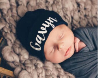 Personalized Newborn Hat, Navy Blue Hospital Hat, Baby Boy Newborn Hat, Personalized Baby Girl Hat, Newborn hat with Name, Blue Baby Hat