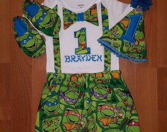 NINJA TURTLE SmaSh CaKe Set, Blue, Leonardo, TMNT First Birthday outfit, photo op, Boys birthday, Personalized, Party hat, shoes, suspenders