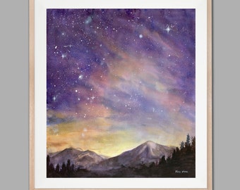 Watercolor Painting Print, Starry Sky, Starry Night Painting Print, Watercolor Sky, Landscape painting