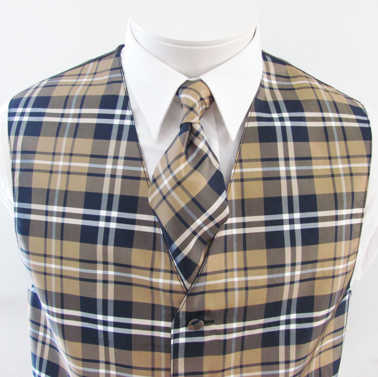 Mens Vest Tan Navy Blue and White Plaid Tartan Full Back 2