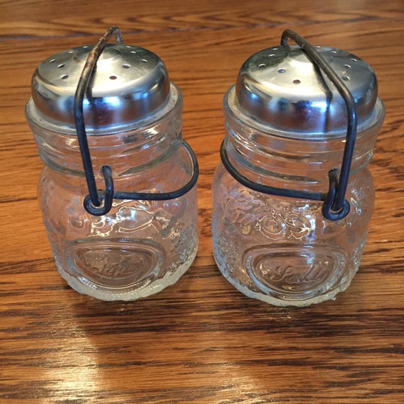 Vintage Wire Side Canning Jar Salt and Pepper Shakers/ Mason