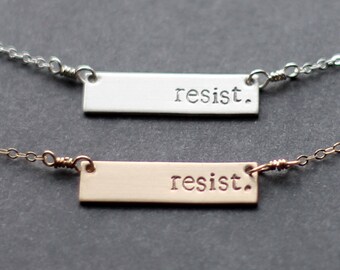 Resist Necklace, Sterling Silver Horizontal Bar Necklace, Gold-Filled Bar Necklace, Hand Stamped, Rectangle, Feminism, Trump Resistance