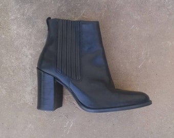 1990's Black Leather Ankle Boots, W SZ. 8
