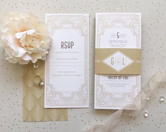 Lyla Vintage Art Deco Wedding Invitation | 1950s style Glamorous wedding suite, with RSVP & details card | Custom Colour Available