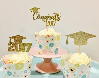 12ct graduation glitter cupcake toppers, Graduation cupcake toppers, class of 2017 cupcake toppers, 2017 graduation cupcake toppers