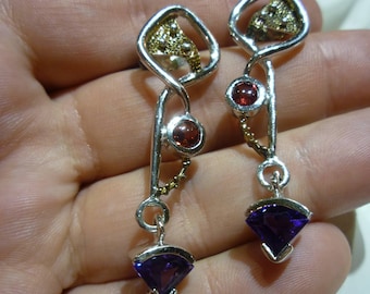 G16 Vintage Sterling Silver & Gold Post Earrings with Stones.